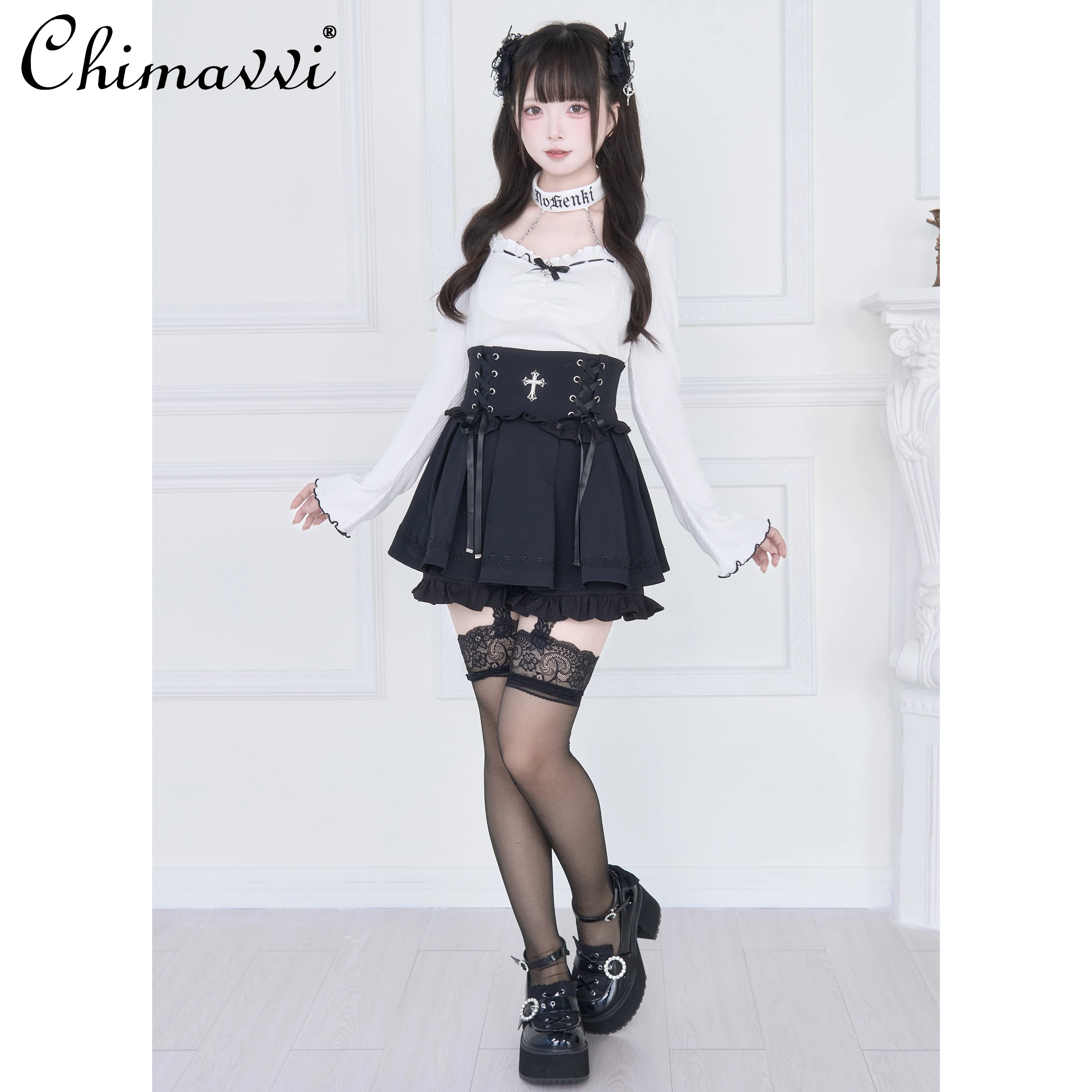 Оригинальный японский комплект Mine Series Subculture с кружевным воротником, облегающий топ с длинными рукавами и юбкой с высокой талией, комплект Subculture Lolita, комплект из 2 предметов