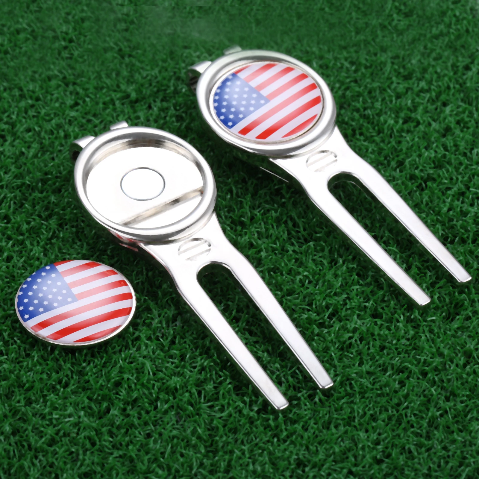 1PC Alloy Golf Pitch Mark Repair Divot Tool With Detachable Golf Hat Clip Ball USA Flag Marker 2-in-1 Pocket Green Accessories