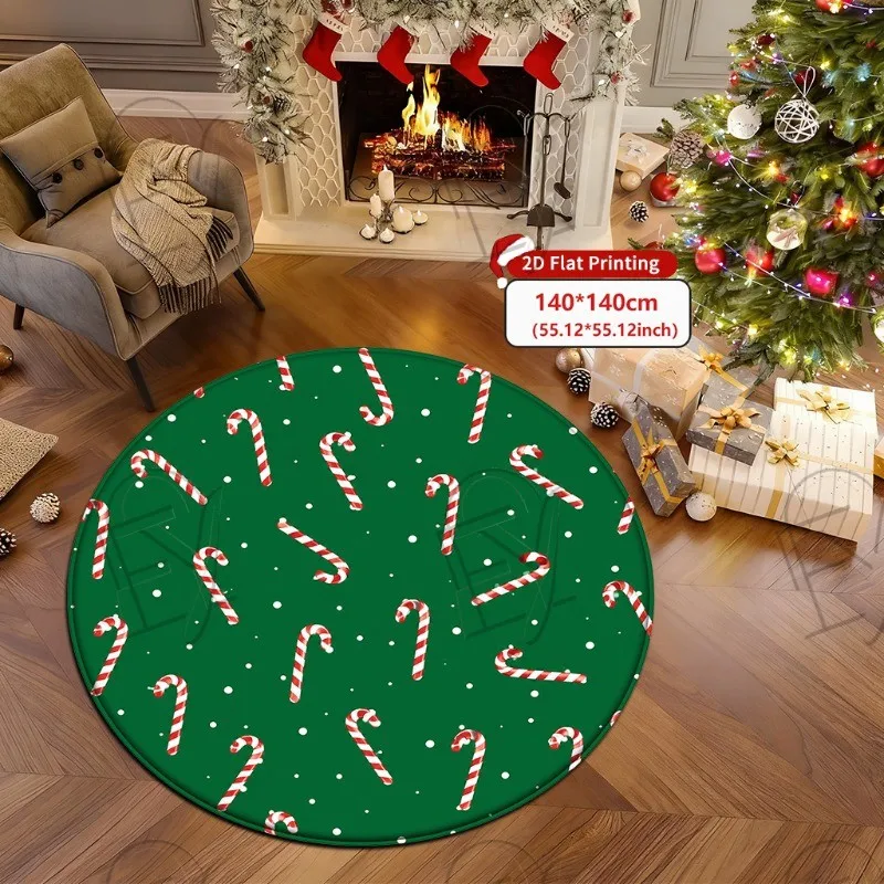 Green Christmas Round Rug Candy Cane Pattern Circular Carpet for Living Room Winter Holiday Gift Kids Play Mat Bedroom Soft