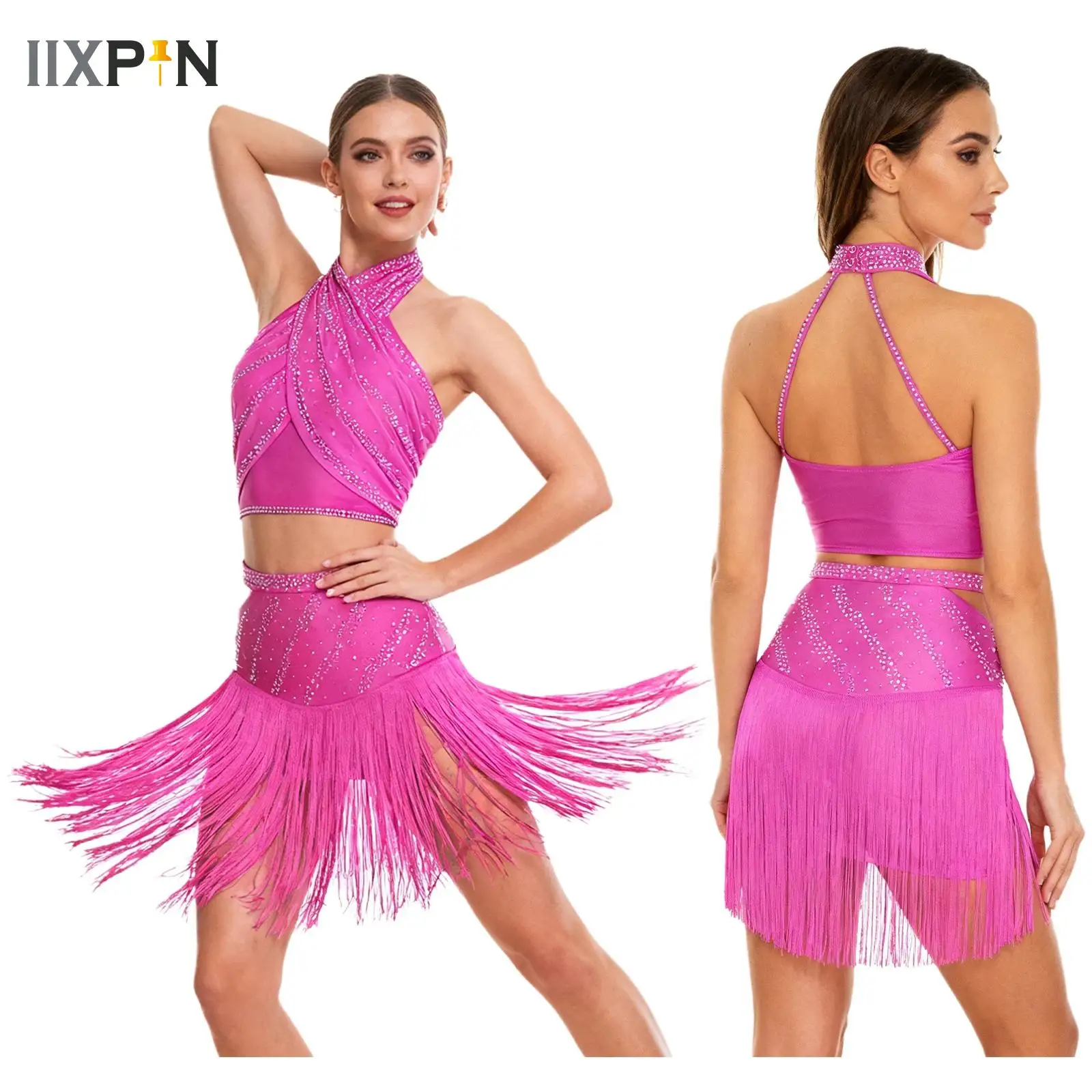 

Women Latin Dance Outfit Jazz Cha-cha Samba Dance Set Backless Crop Top+Skirt 2-piece Suit for Figure Skating Performance Party