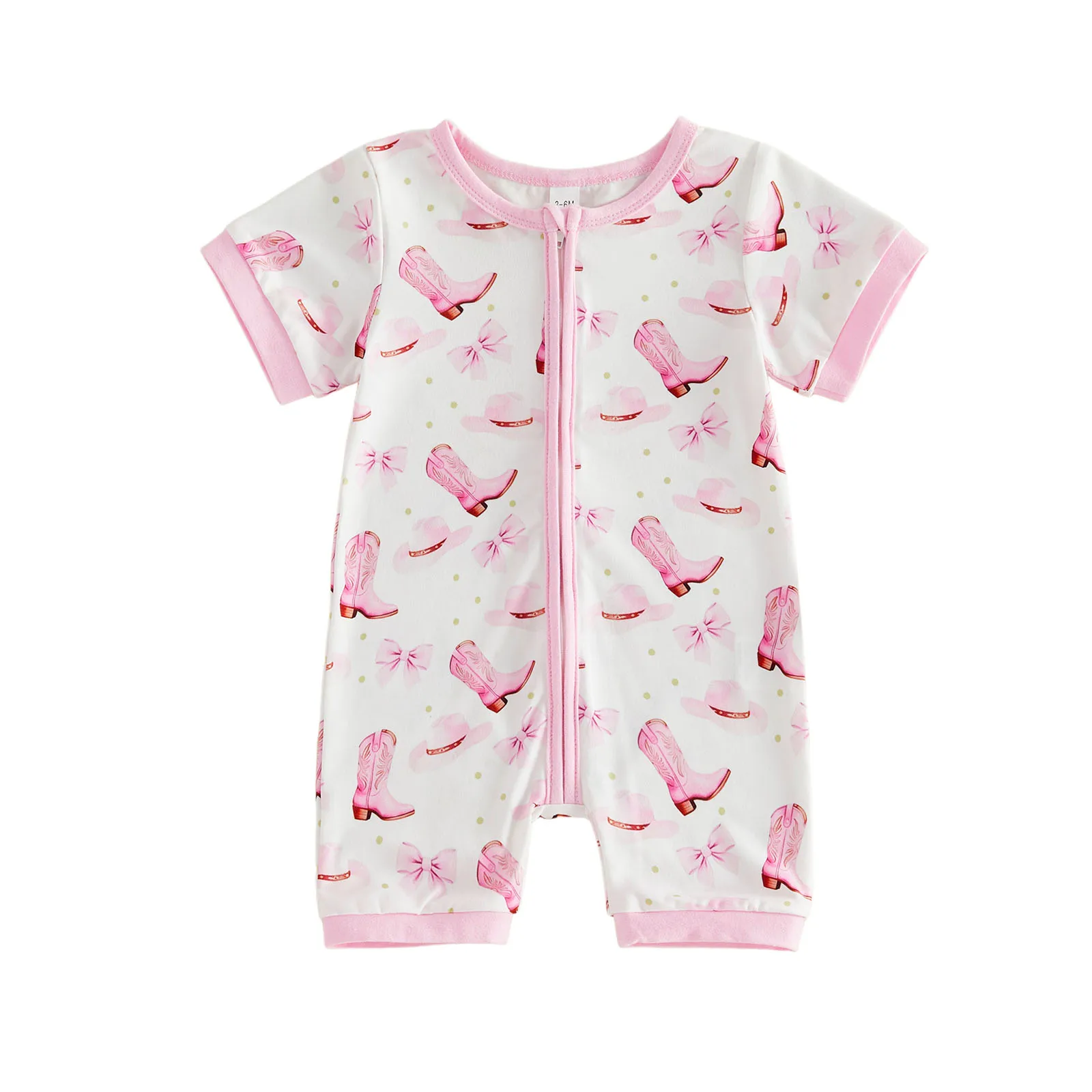 Baby Girl Romper Western Short Sleeve Round Neck Cowgirl Boots Print Jumpsuit Infant Pajamas