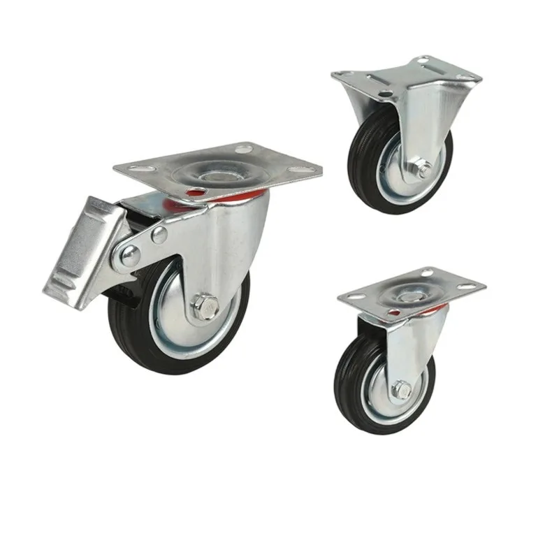 Wear Resistant 3 Inch Silent Rubber Caster Wheel Universal Swivel Directional Roller With Brake For Industrial Furniture Use