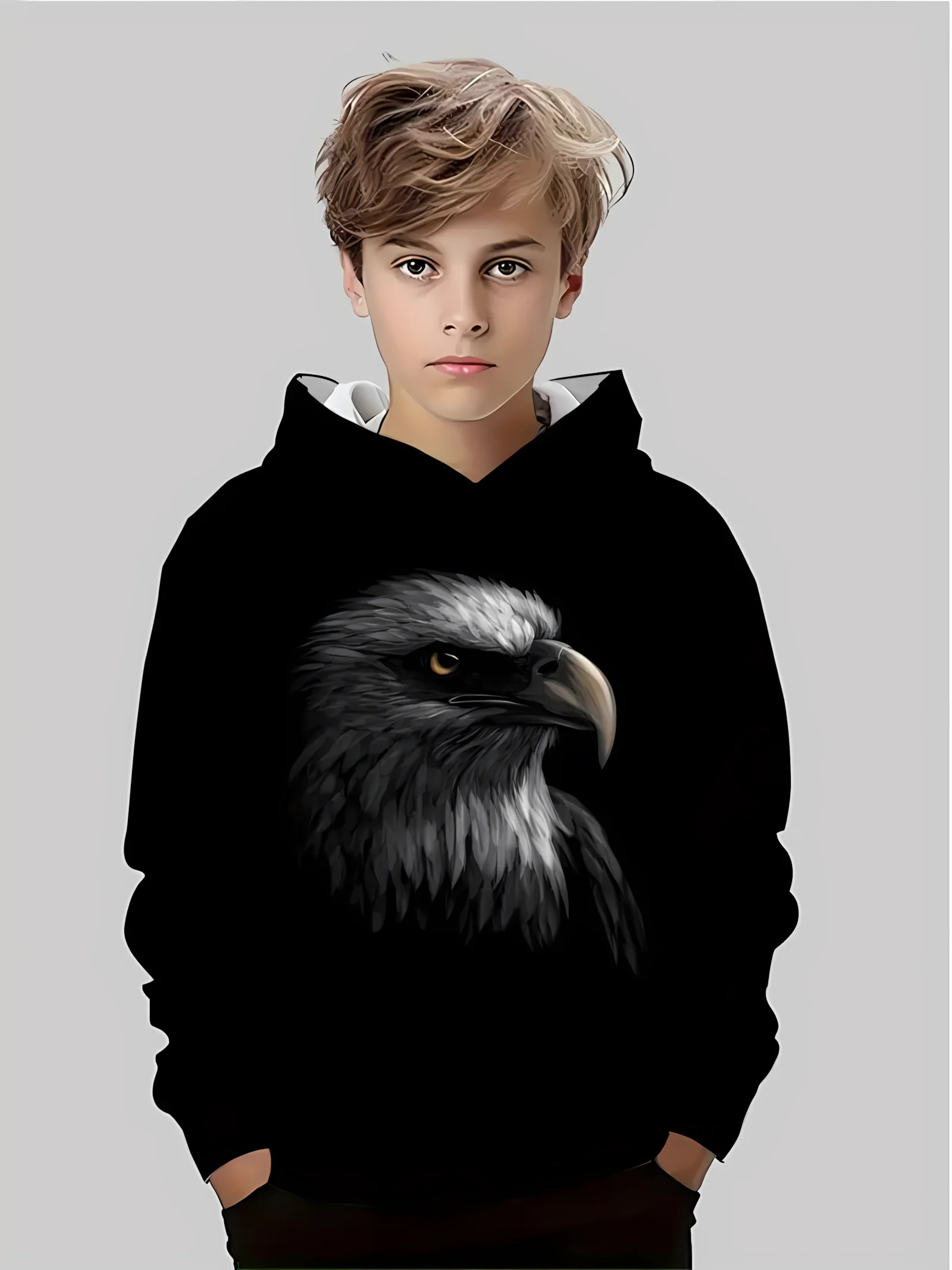 

The 2025 autumn new children's comfortable hoodie with 3D eagle pattern printed outdoor fashionable casual pullover