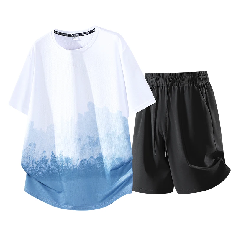 New Men's Ice Silk Fitness Suit Running Short Sleeve T-shirts Sets Brand Gradient Quick Dry Mesh Breathable Summer Tracksuit Man