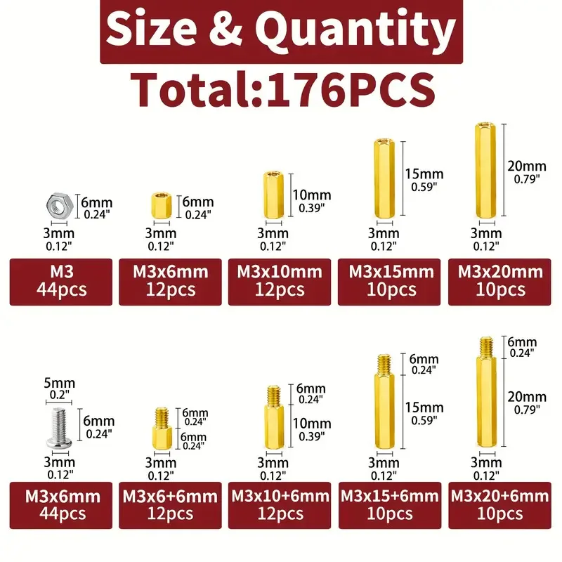 176pcs M3 Motherboard Standoffs&Screws&Nuts Kit, Hex Male-Female Brass Spacer Standoffs, Laptop Screws for DIY Computer Build image 2