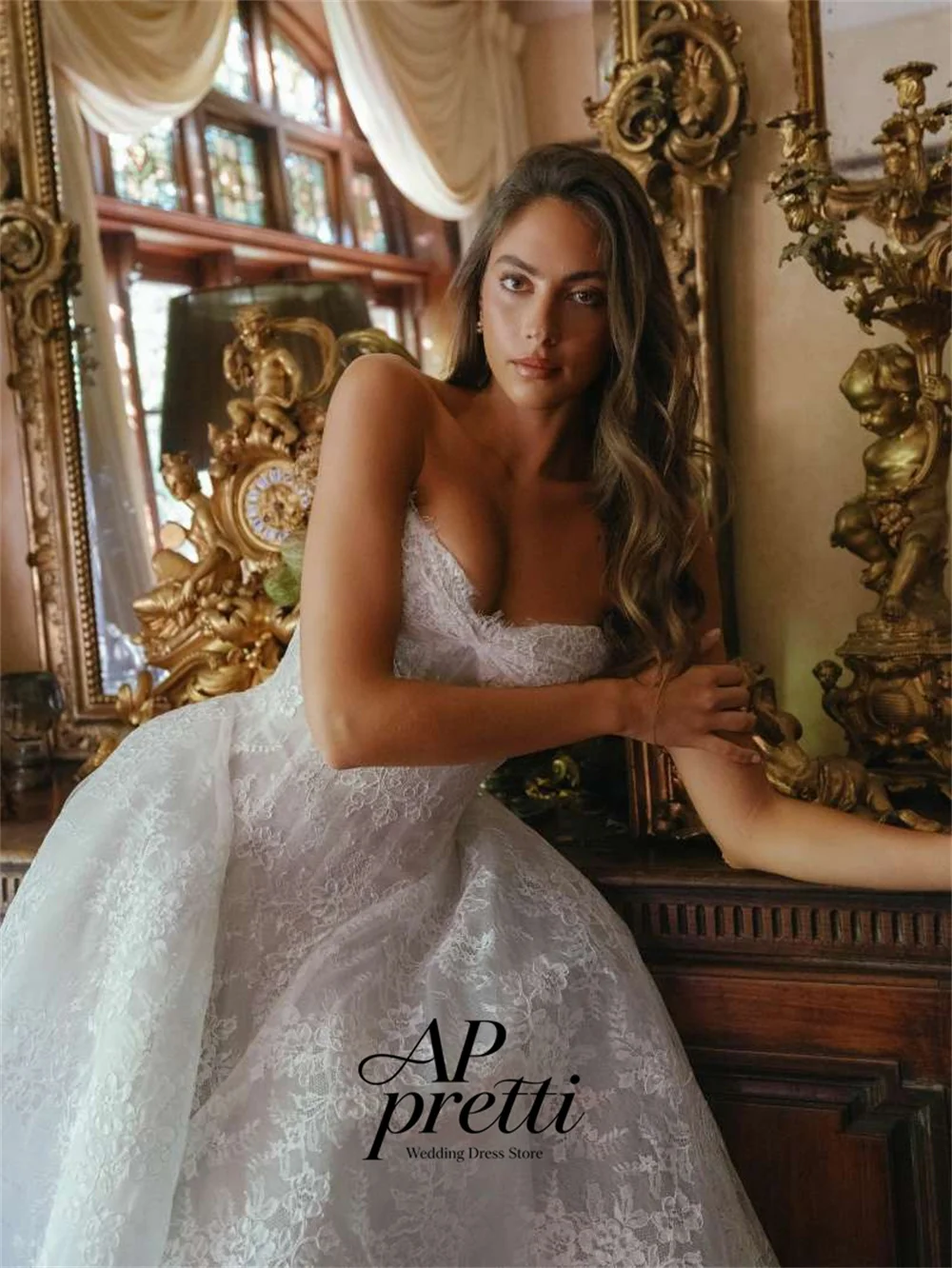 AP pretti Customized Retro Sweetheart Collar Lace Delicate Floral Wedding Dresses For Woman Sleeveless A-Line Bridal Gown