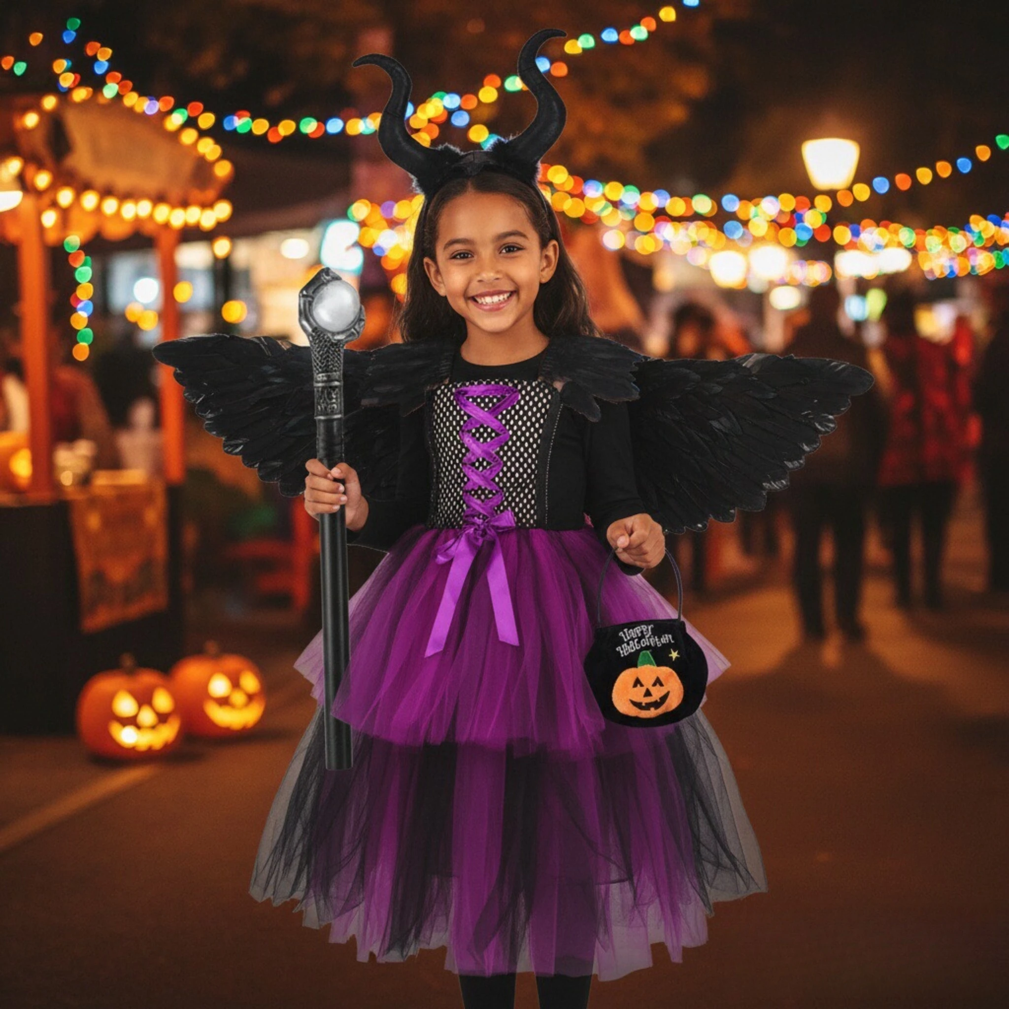Halloween Costumes for Children Mesh Purple-black Dress Girls Woven Tulle Dress Evil Role Playing Outfits Luxury Gown