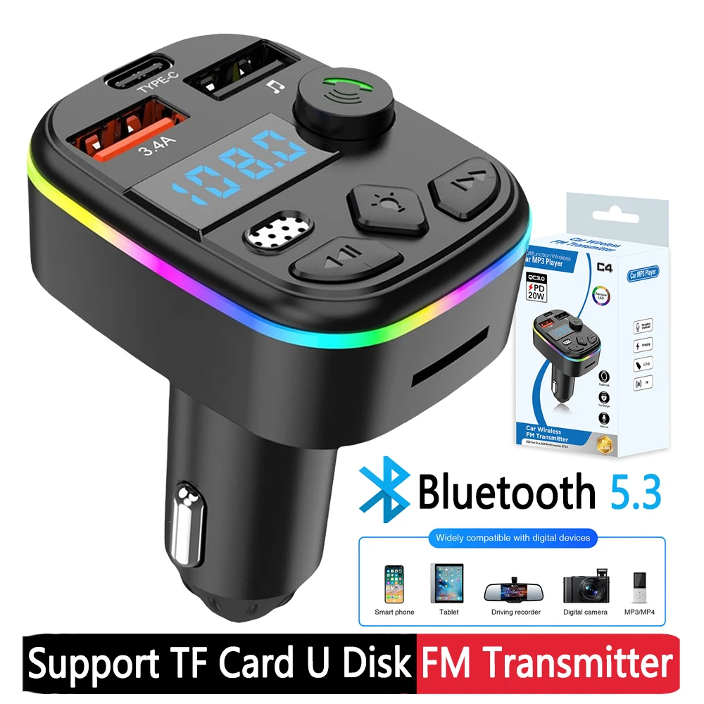 Car FM Transmitter Cell Phone Charger Bluetooth-Compatible 5.3 Support TF Card U Disk Auto Radio FM Modulator MP3 Player Adapter