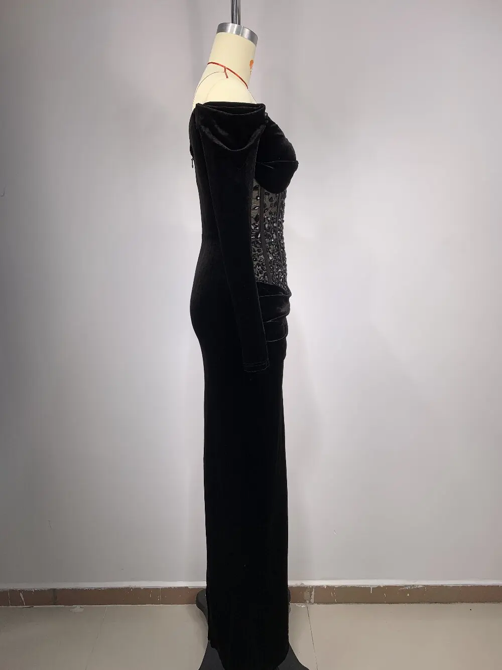 Vintage Fashion V-neck Black Dress For Women Flash Diamonds Off Shoulder Long Sleeves Chic Backless vestidos (72h Shipment)