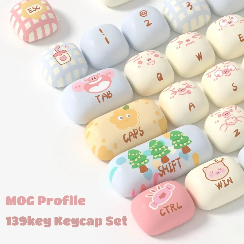 keycap bonito piggy party tema tampao do teclado do cogumelo perfil redondo do mog teclado mecanico do jogo 139 chaves pbt personalizado 01