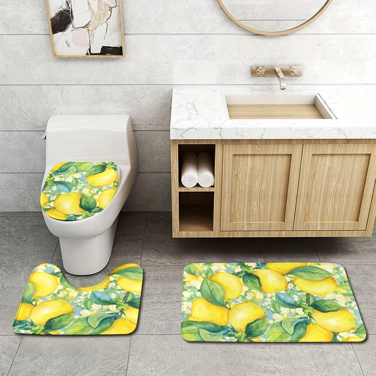 

3-Piece Lemon Print Bathroom Rug Set, Non-Slip Washable Bath Mat, Soft Polyester Knit Fabric, with U-Shaped Toilet Seat Cover
