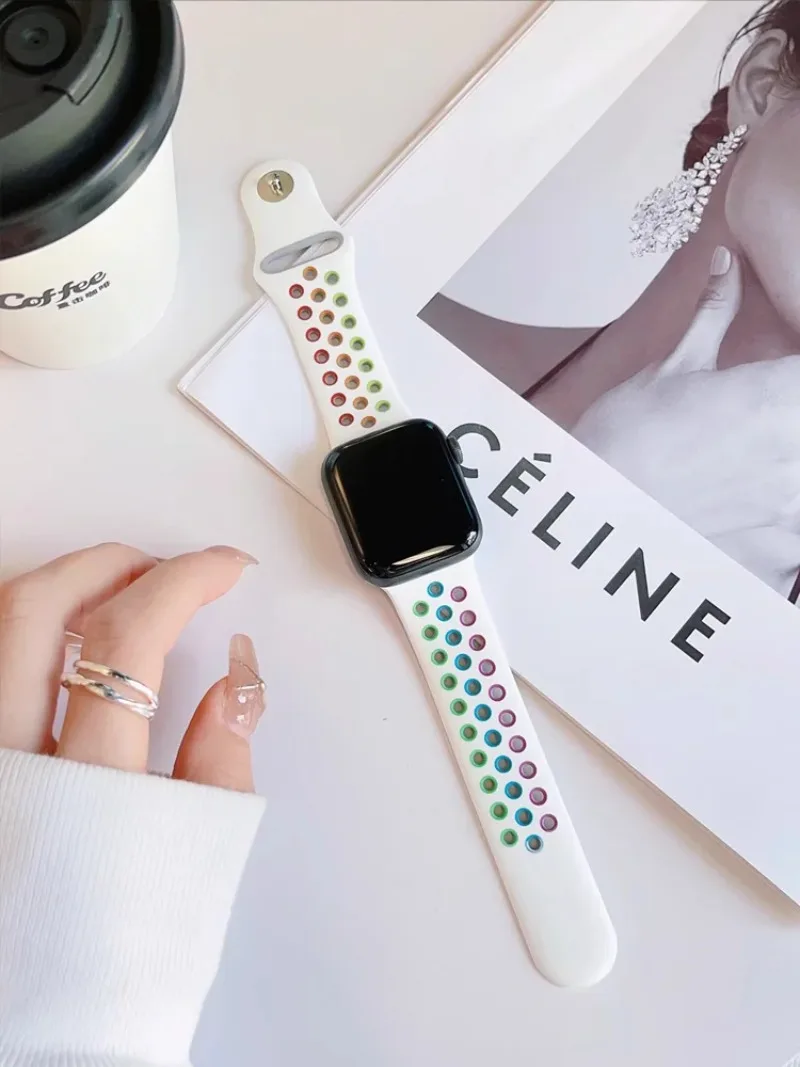 듀얼 컬러 스포츠 실리콘 시계줄, 통기성 디자인, 편안함, 퀵 릴리즈, 땀 방지, 애플 워치 밴드용