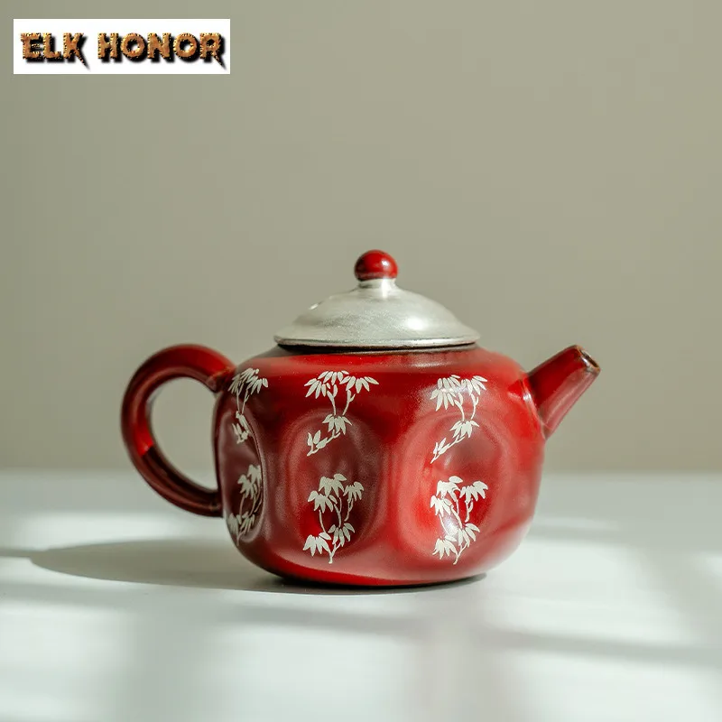 

150ML Chinese Gong Hong Painted Silver Ceramic Teapot Bamboo Shadow Pot Tea Making Kettle Chinese Tea Set Accessories Decoration