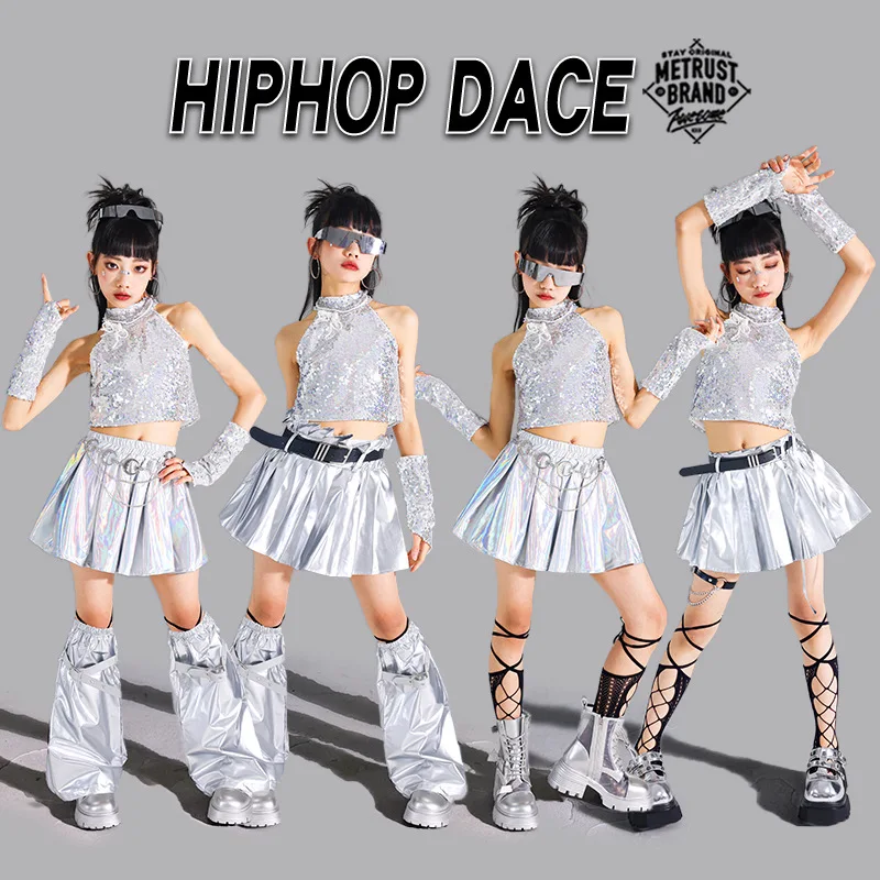 Girls Jazz Dance Outfit Silver Sequin Vest &Shiny Skirt Set Kids Kpop Stage Costume Teens Kids Hip Hop Fashion Runway Clothes