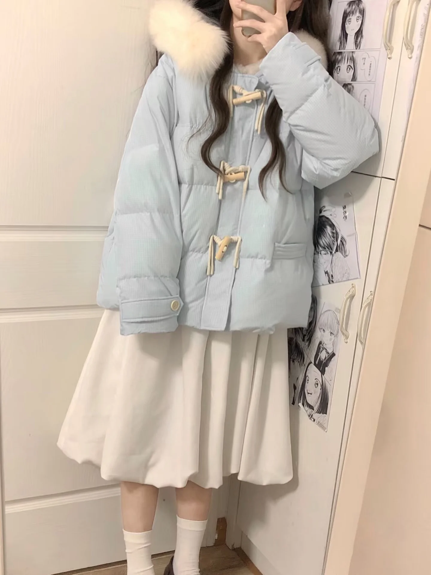 블루 루즈핏 퍼퍼 재킷, 큰 퍼 칼라, 티엔드 브레드 슬레 여성 겨울 코트, 한국 스타일 버튼 디테일