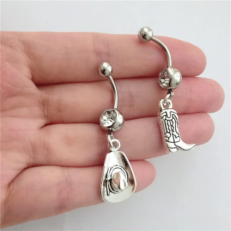 2pcs in Set Western Style Cowboy Pendant Belly Button Rings 14G Navel Barbell Stud Body Piercing Boot and Hat Charm - view 4