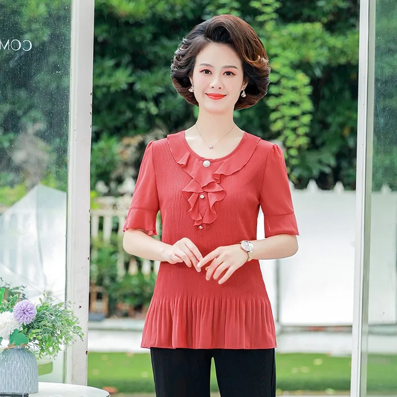 Women Summer Retro Vintage Elegant Office Lady Shirts Casual Loose Work Ruffle edge Crewneck Tops Blouses