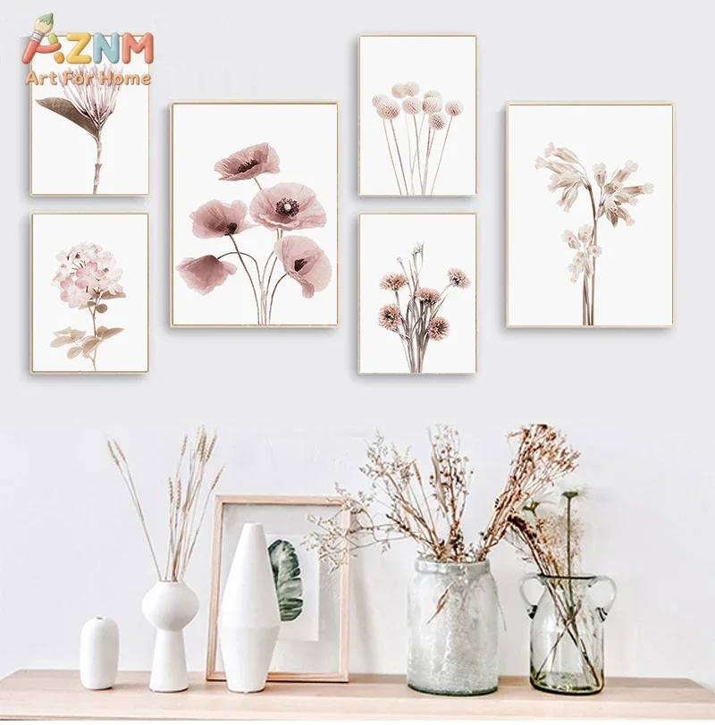 AZNM Soft Pink Dried Floral Canvas Print Poppy Hydrangea Neutral Botanical Minimalist Boho Home Unframed Wall Poster Decor Art