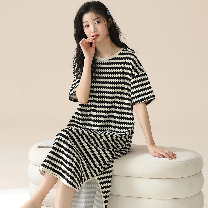 Summer Stripe Sleep Dress Women's Cotton Short Sleeve with Chest Pad 2025 New Style Youth Sleepwear Can Be Worn outside