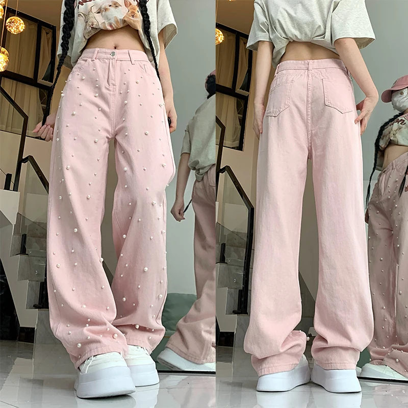 

Woman New Korean High Wais Sweet Straight Leg Jeans Female Pearl Oversized Wide Leg Pants Girls Y2k Harajuku Pink Denim Trousers