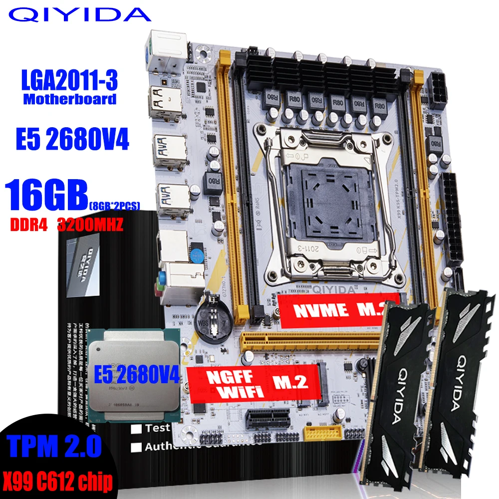 QIYIDA X99 Motherboard Set Kit LGA2011-3 Xeon E5 2680 V4 CPU Processor 16GB=2*8Gb DDR4 RAM Memory NVME M.2 M-ATX SATA3.0 tpm 2.0