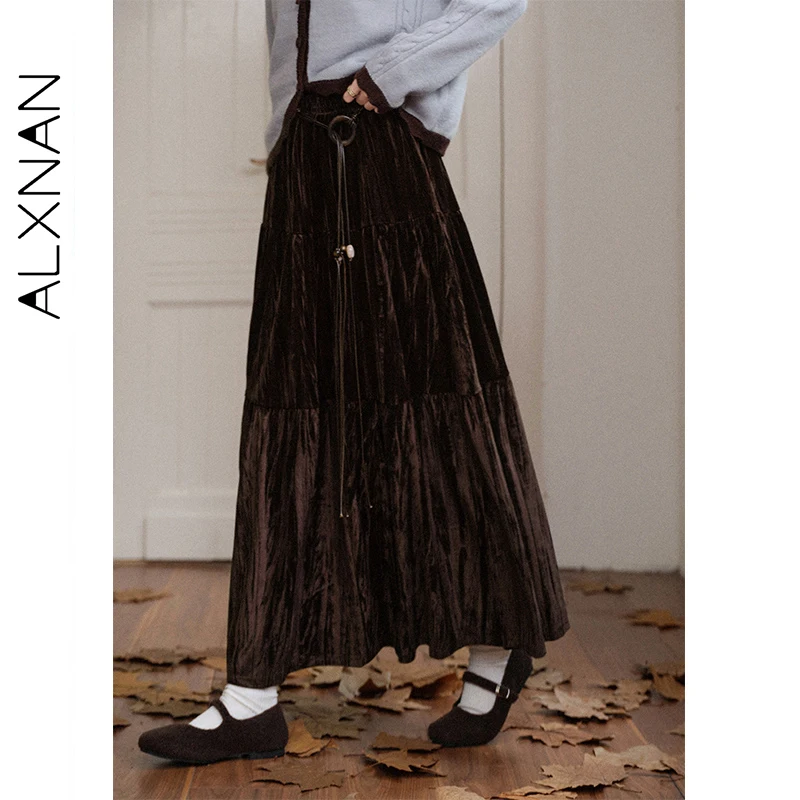 

ALXNAN Black Skirts 2025 Autumn New High-waisted Sashes A-Line Long Skirts Elegance Official Versatile Woman's Clothing L58037