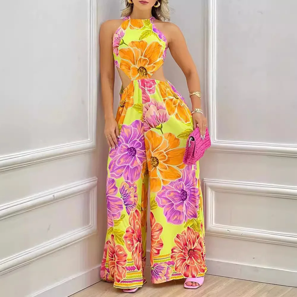 

Sleeveless Floral Hollow Out Wide Leg Jumpsuit Loose High Waist Women Summer Pants Sexy Trousers