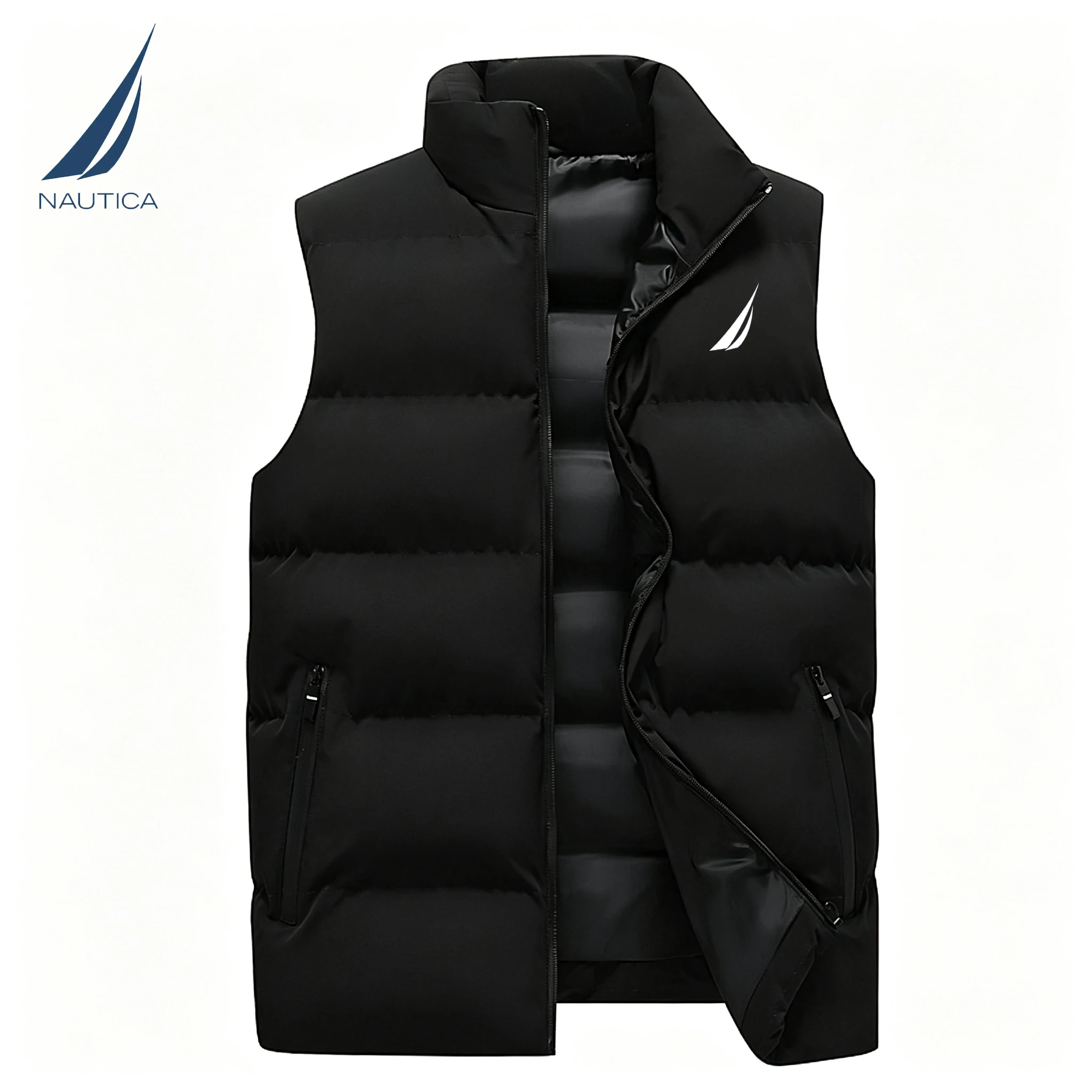 NAUTICA Men's Stand-up Collar Zip Sleeveless Vest, Casual Street Style Warm Vest, Unisex Sports Hiking Fashion Vest Jacket