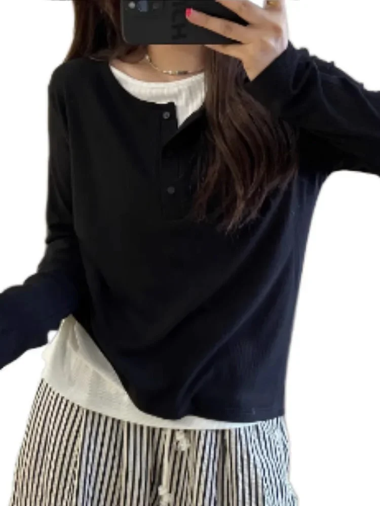 حجم كبير ملابس النساء وهمية قطعتين بلايز أسود طويل الأكمام تي شيرت الموسم حجم كبير السيدات التخسيس غطاء البطن XT643