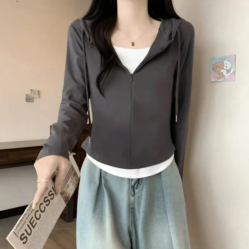Fashion Fake Two Pieces Long Sleeve T-Shirts Women Contrast Patchwork Hooded Sweatershirts Autumn Casual Running Sport Hoodies