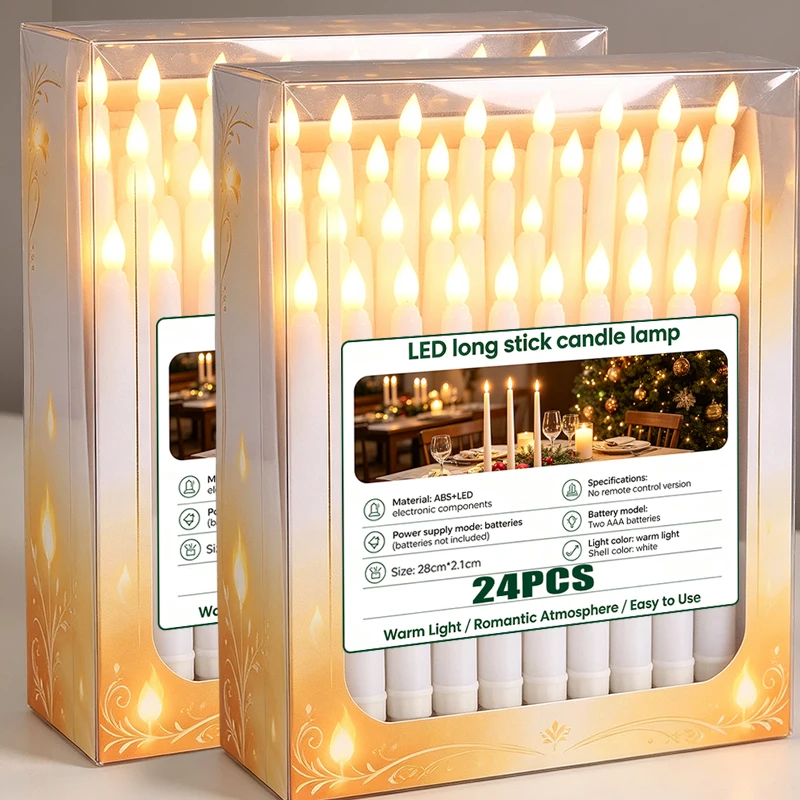 3/24PCS Long Christmas LED Candle Flameless Pointed Candle Light Battery Powered Church Flickering Candle Light Home Decor