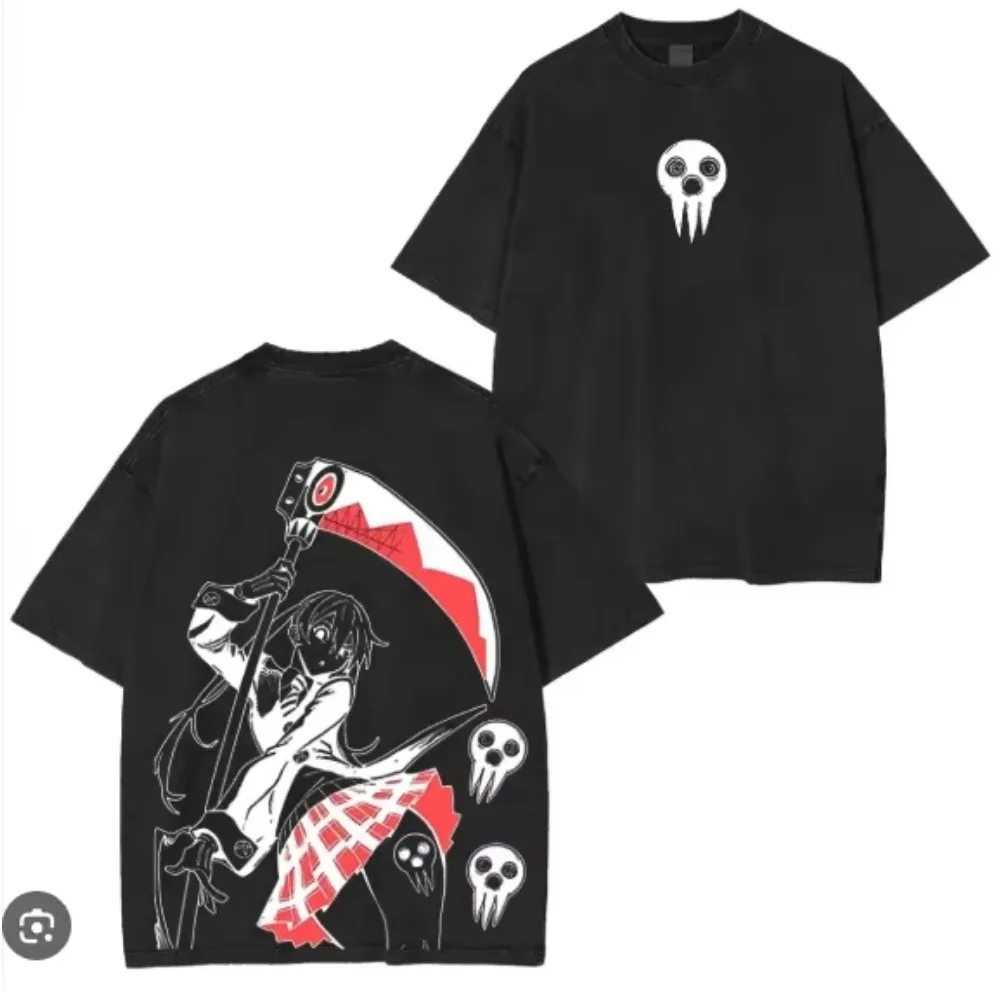 Soul Eater Death The Kid Manga Graphic T‑shirt Vintage Washed Gothic Anime Unisex Oversized Crew Neck Cotton Streetwear Tops
