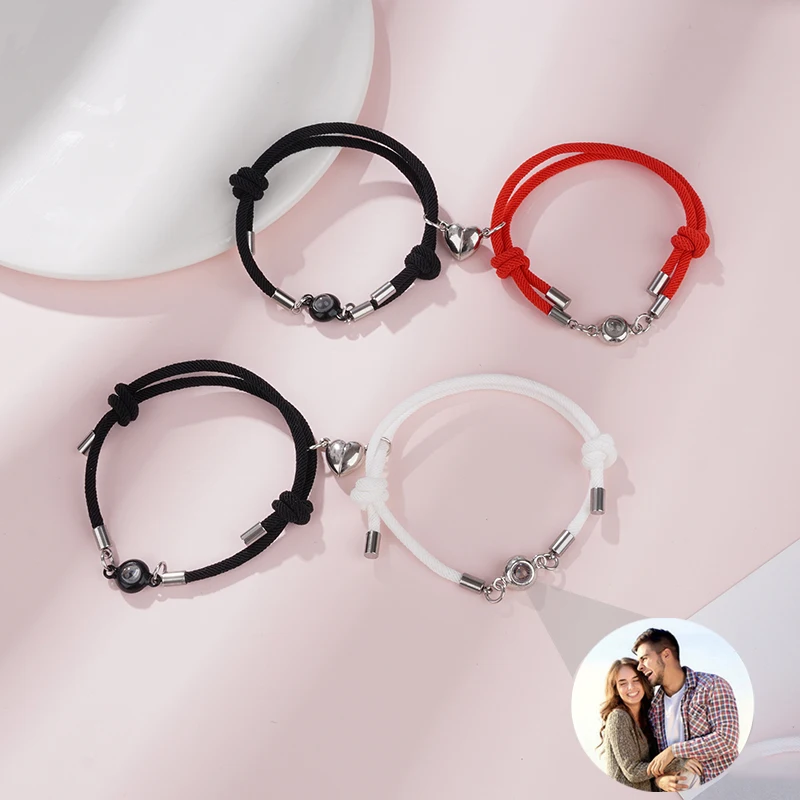 

2Pcs/SetCustom Projection Photo Couple Bracelet with Heart Magnetic Couple Bracelet Personalized Bracelet Bangle for Men Women