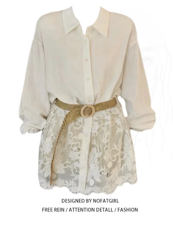 

plus Size Lace Splice Long Sleeve Shirt Women's Summer 2026 Commute Style Korean Version Slim Fit Breathable Polyester Fiber