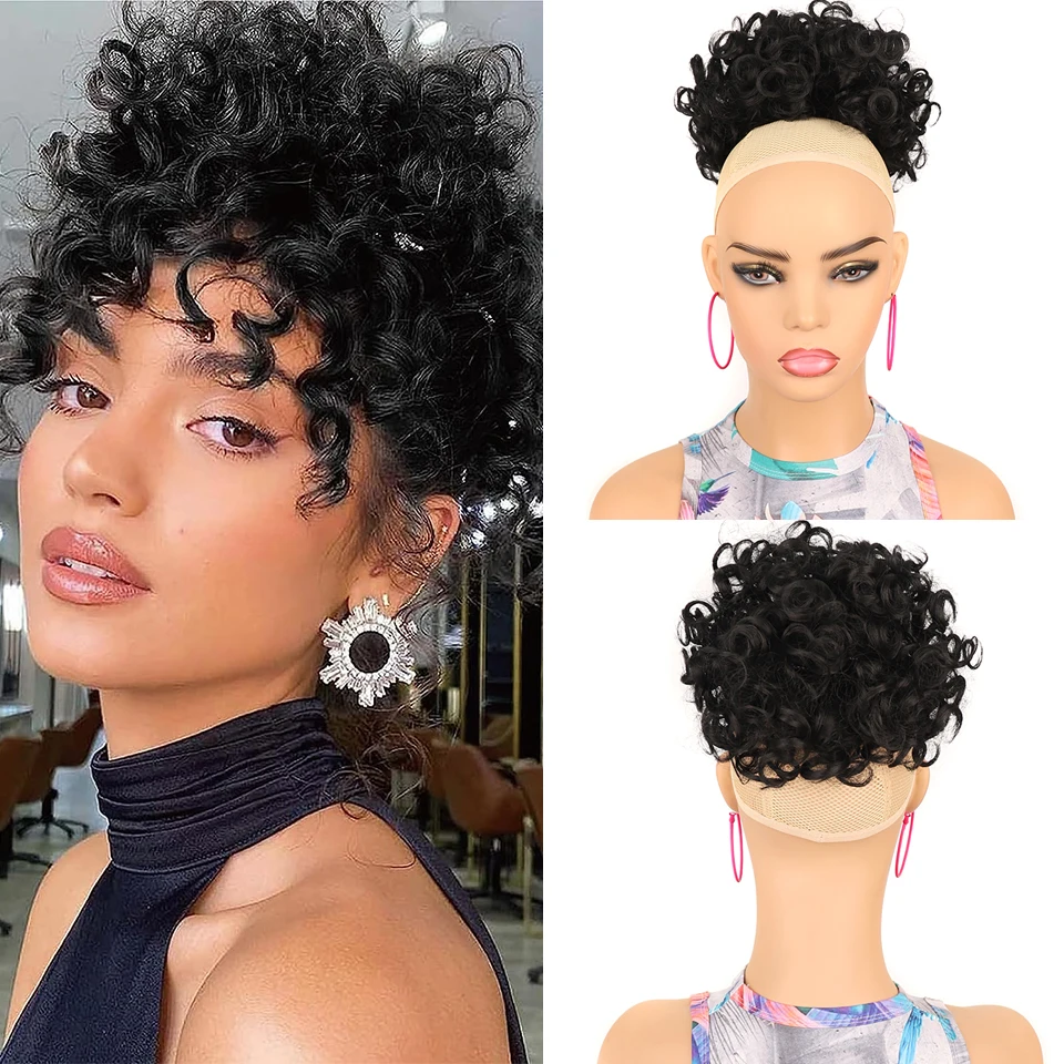 Messy Bun Hair Piece Afro Puff Drawstring Loose Wave Large Curly Short Ponytail Extensions Synthetic Chignon for Women Daily Use