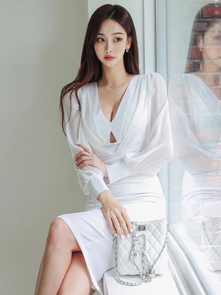 ファッションエレガントなプロフェッショナルドレス婦人服セクシーな薄手の長袖中空ひだボディコンローブ女性パーティー仕事 Vestidos