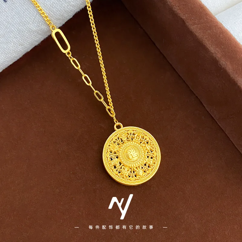 Cynlo Jewelry Luxury 24K 9999 Pure Gold real gold Women's Jiyan Eight Treasure Compasses Set Chain Silk Round Brand Clavicle Cha