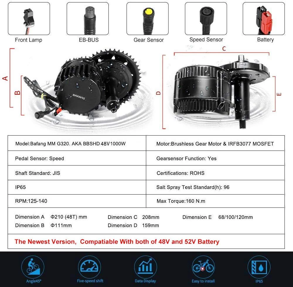 Bafang-Electric Bike Conversion Kit, Mid Drive Motor, Powerful Bicycle Engine, DIY EBike Engine, BBS03B, BBSHD, 1000W, 48V, 52V