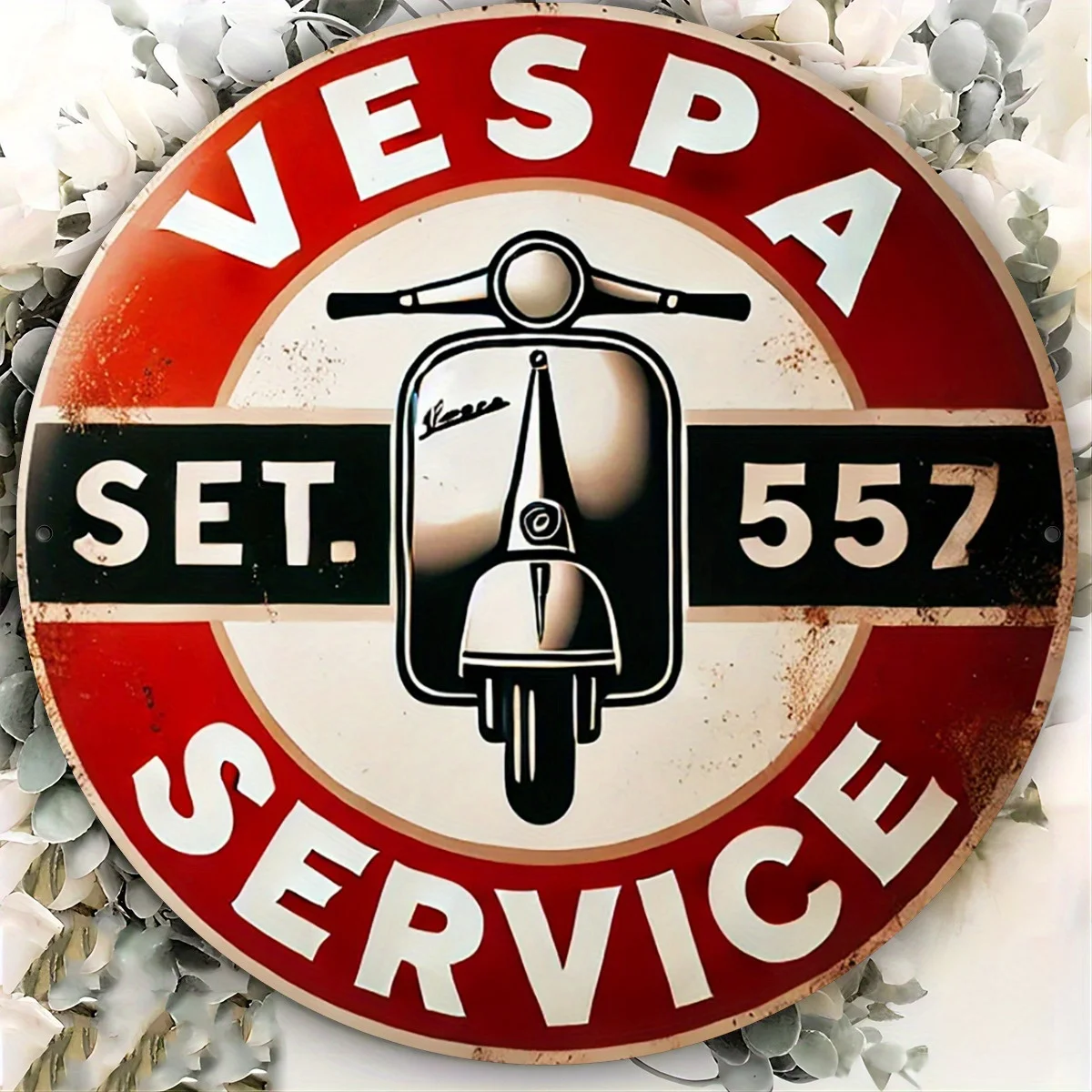 Retro Scooter Service Metal Sign, Round Aluminum Wall Decor for Garage, Home, and Workshop, Durable Vintage Style, 8-Inch Diamet