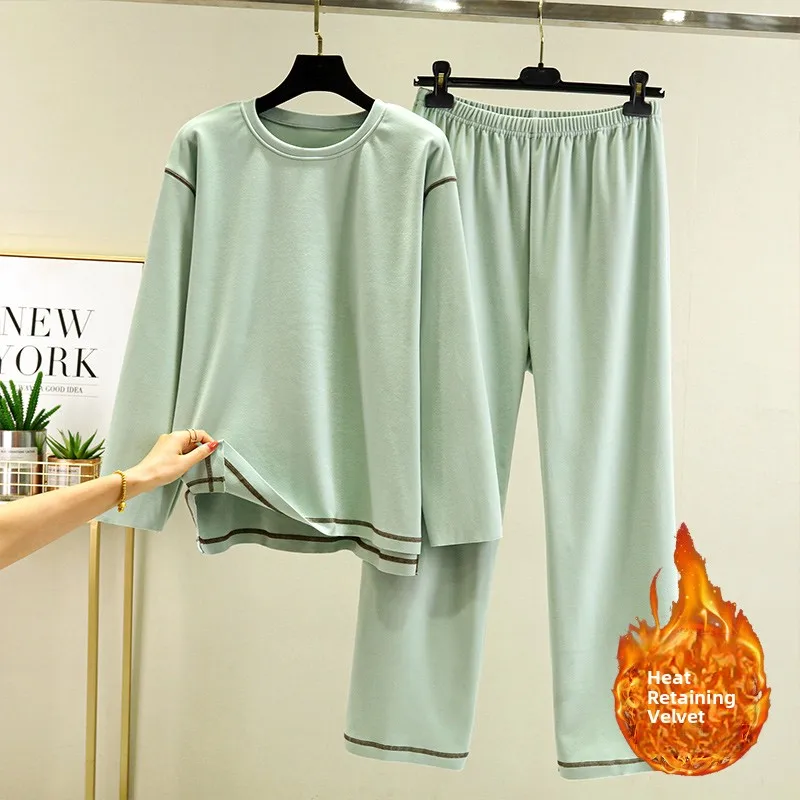 

Fleece Lined round Neck Home Wear Set Women's Autumn Winter Large Size Casual Long Pants Warm Sleepwear Two Piece Set