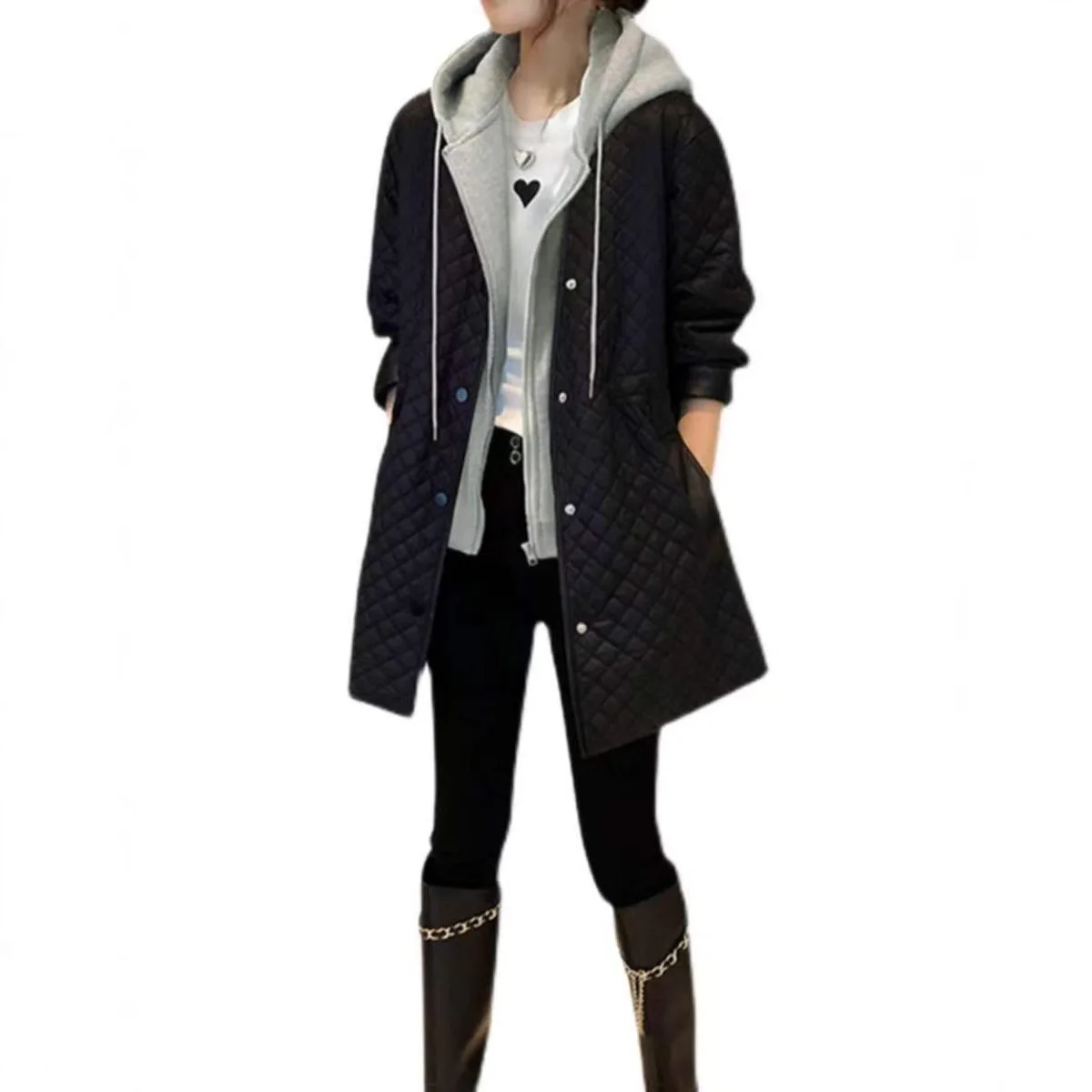 Hooded Spliced Women Parkas Coats Mid Lenth Overcoat Solid Zipper Long Sleeves Loose Thick Office Lady Casual Autumn Winter 2025