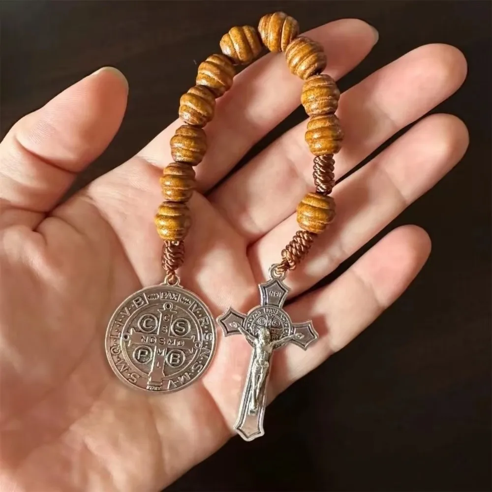 Vintage Saint Benedict Medal Blessing Prayer Wooden Prayer Beads Alloy Handmade Crucifix Beads Medal Home Office Decoration