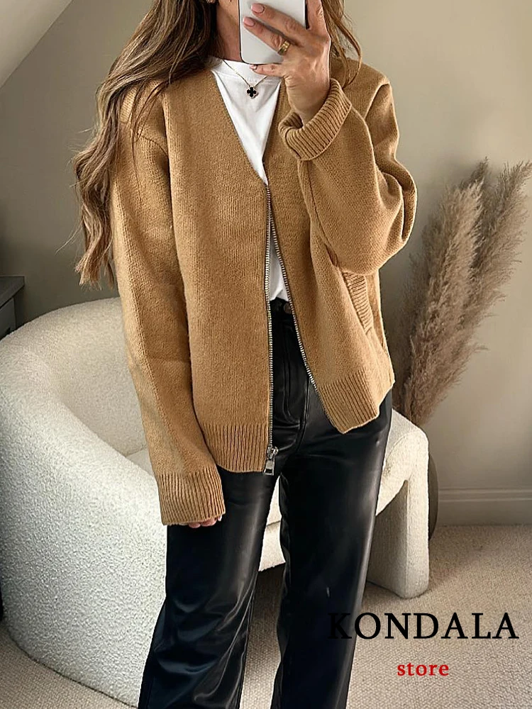 KONDALA Vintage Chic Women Sweater Jackets Solid Zippers V-Neck Knitted Warm Coats New Fashion 2023 Autumn Winter Female Jackets