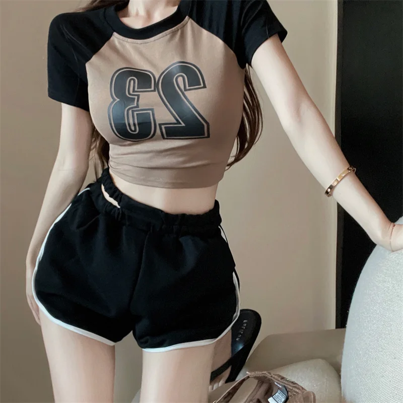Sporty Casual Letter Short Sleeve T-Shirt Set Women's Summer 2024 Fashionable Wide Leg Shorts Two Piece Set Female Clothing