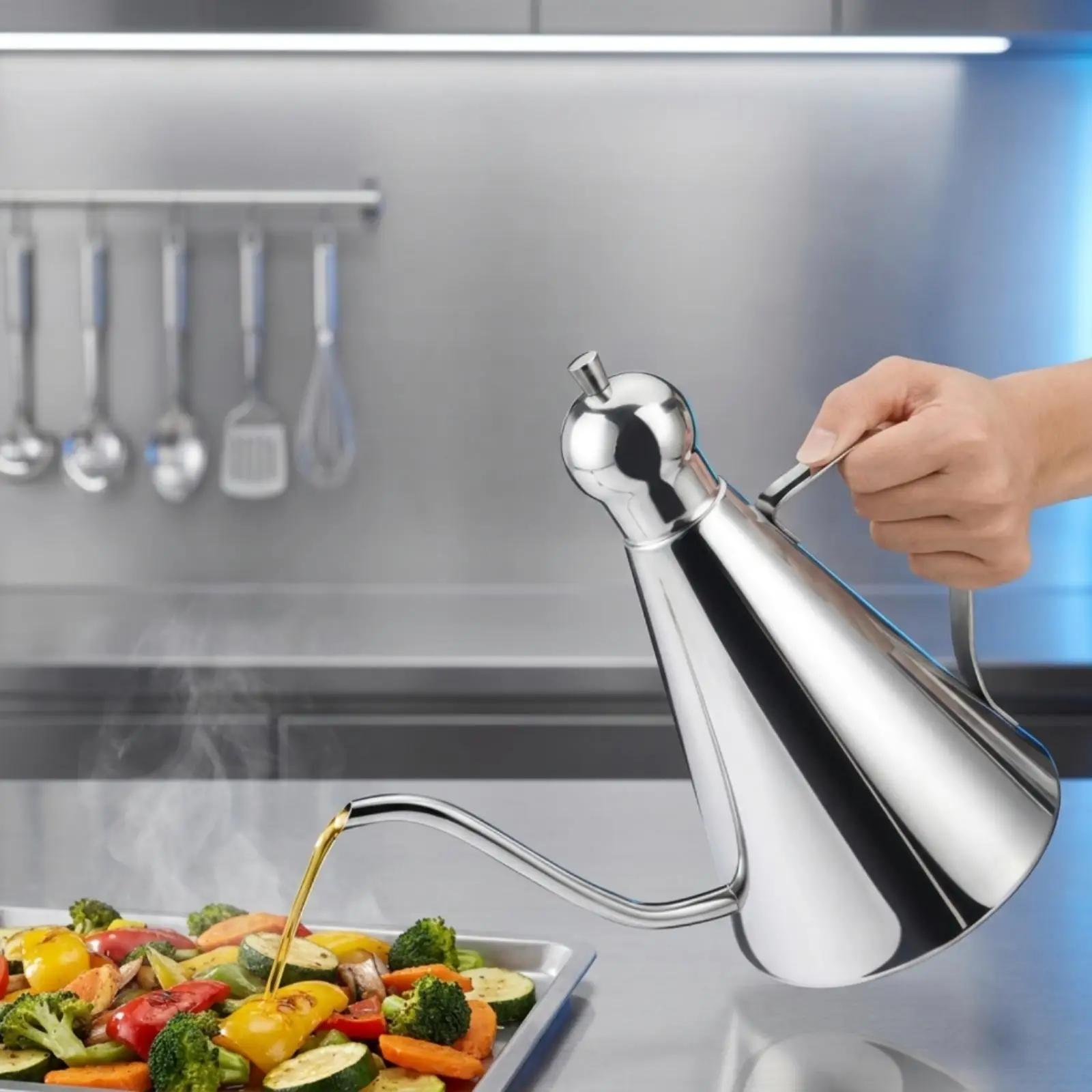 Durable Steel Oil Pot with Comfortable Side Handle for Easy Refill and Controlled Liquid Seasoning Serving