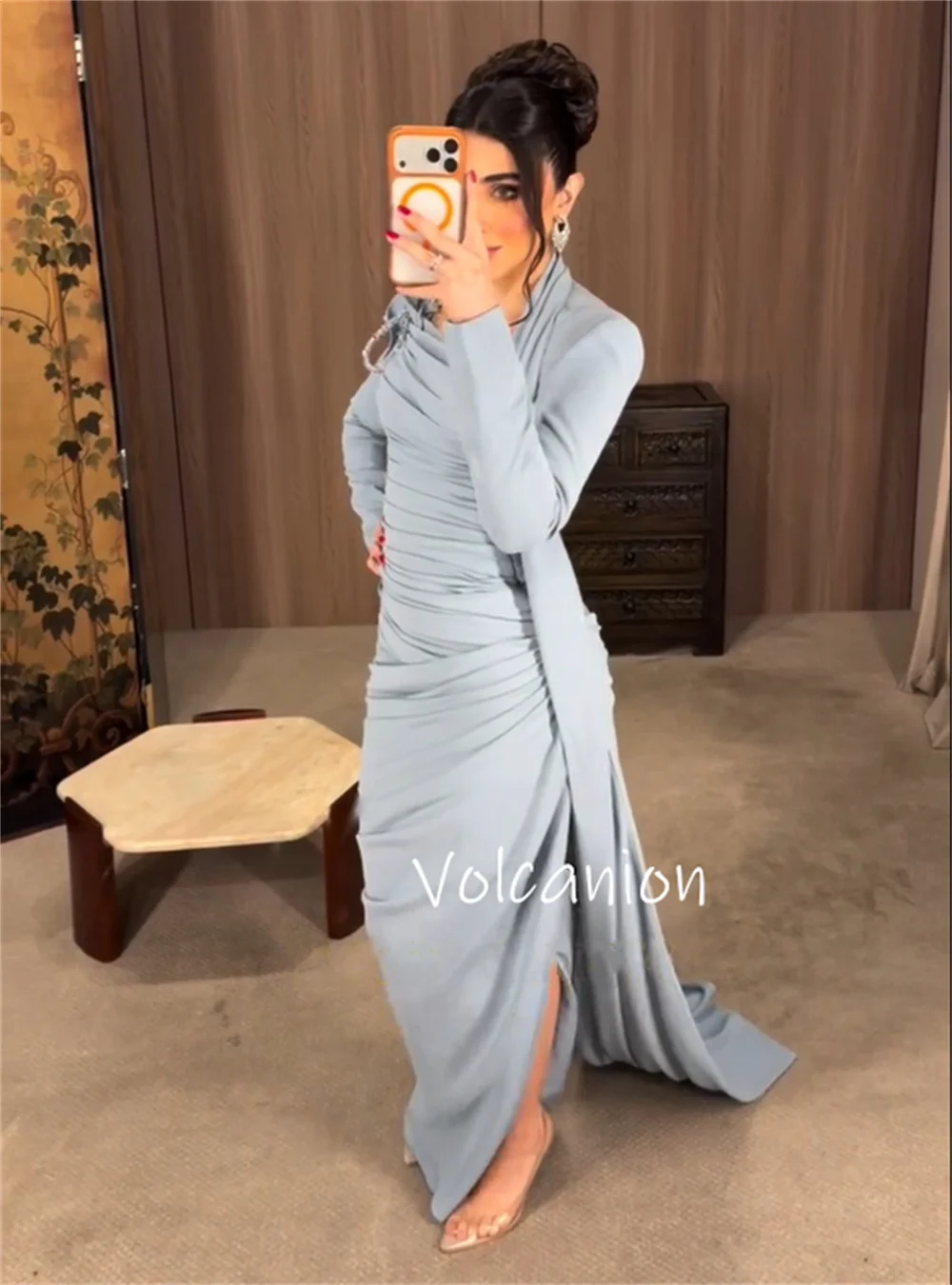 Customized Exquisite Jersey Pleat Sequined Pattern Straight O-Neck Long Bespoke Occasion Prom Dresses Chinese Style