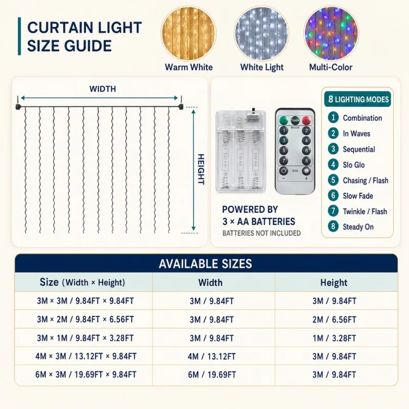 8 Modes Battery Powered Curtain String Light With Remote 100‑600LED Warm White Multicolor for Christmas Indoor Outdoor Decor