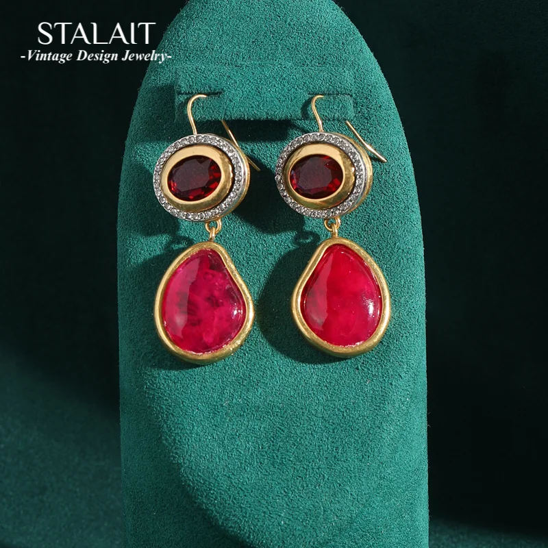 

Винтажные овальные розовые, красные серьги из натурального камня с подвеской в виде капли воды, висячие серьги для женщин, роскошные серьги в корейском стиле, антикварные ювелирные изделия