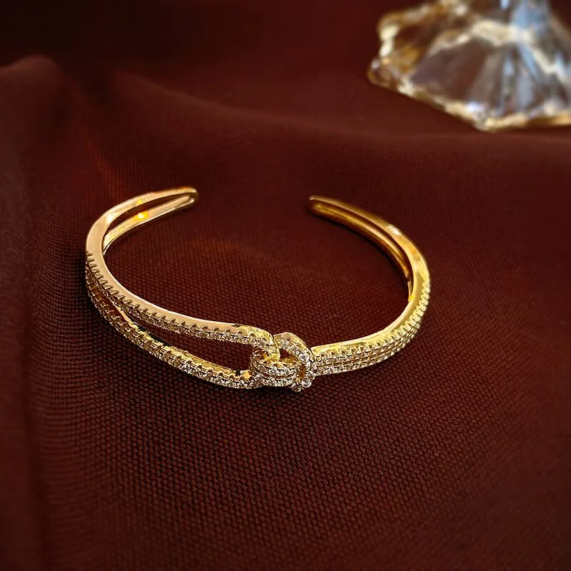 Exquisite Full Zircon Cuff Bracelets Gold Plating Copper Knot Opening Bracelet Minimalist Women\'s Bangle For Wedding Party K0