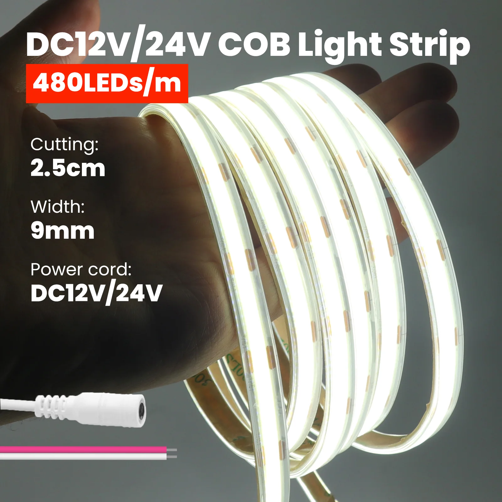 

IP67 Водонепроницаемая светодиодная лента COB DC12V 24V 480LEDs/M Гибкая лента Теплый натуральный холодный белый линейный свет высокой плотности